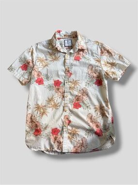 Men's White Floral Short-Sleeve Button-Up Shirt (Denim & Flower) (M Slim Fit)